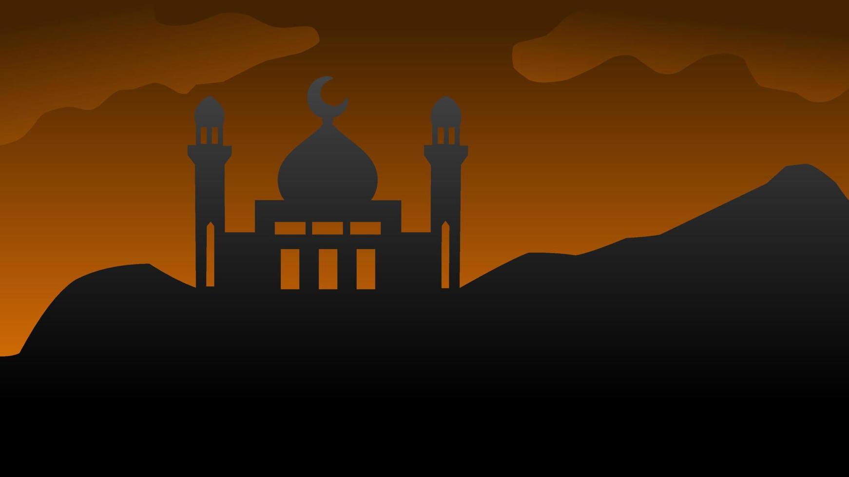 Silhouette landscape of mosque with shiny orange sky for ramadan design graphic in muslim culture and islam religion. Vector illustration of background mosque in the night for Islamic wallpaper design