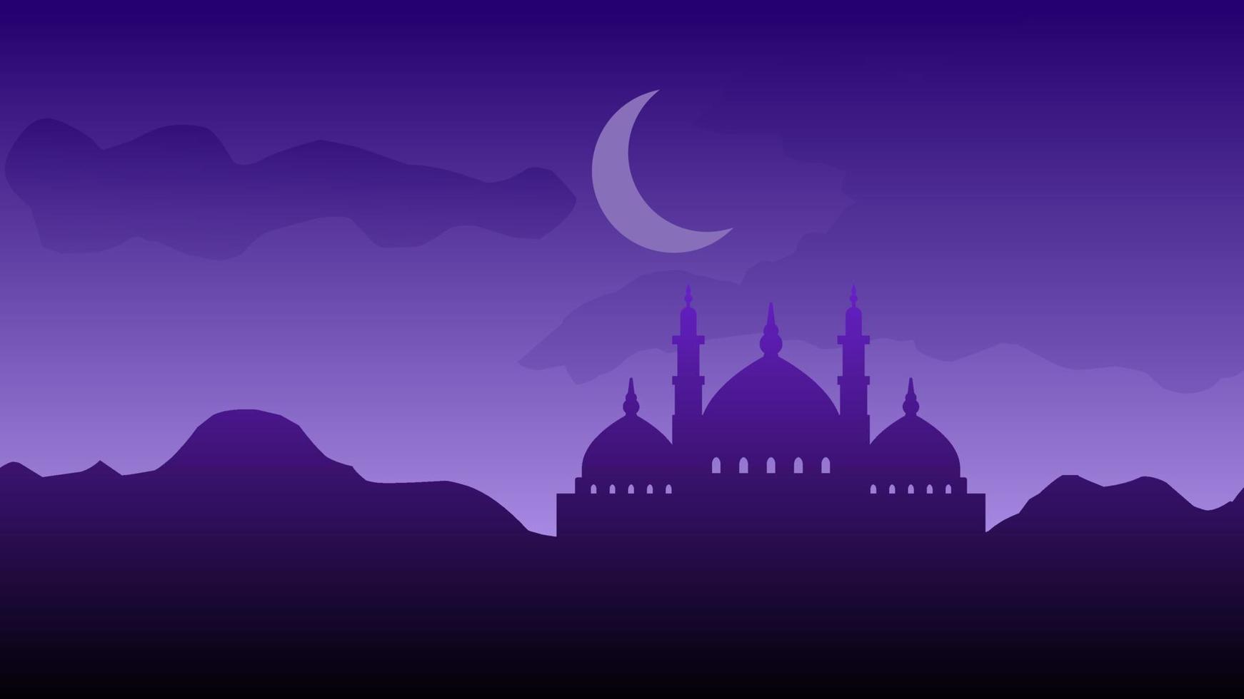 Silhouette landscape of mosque with shiny purple sky for ramadan design graphic in muslim culture and islam religion. Vector illustration of background mosque in the night for Islamic wallpaper design