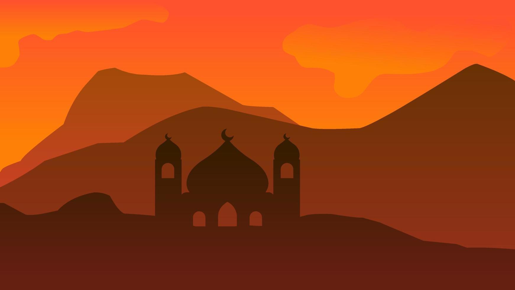 Silhouette landscape of mosque with shiny orange sky for ramadan design graphic. Vector illustration of Islamic background for ramadan celebration in muslim culture and islam religion