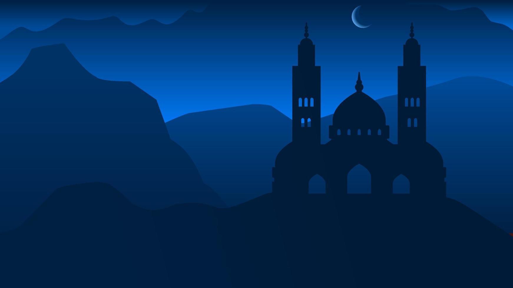 Silhouette landscape of mosque with shiny blue sky for ramadan design graphic. Background illustration of Islamic mosque in the hill for ramadan celebration in muslim culture and islam religion vector