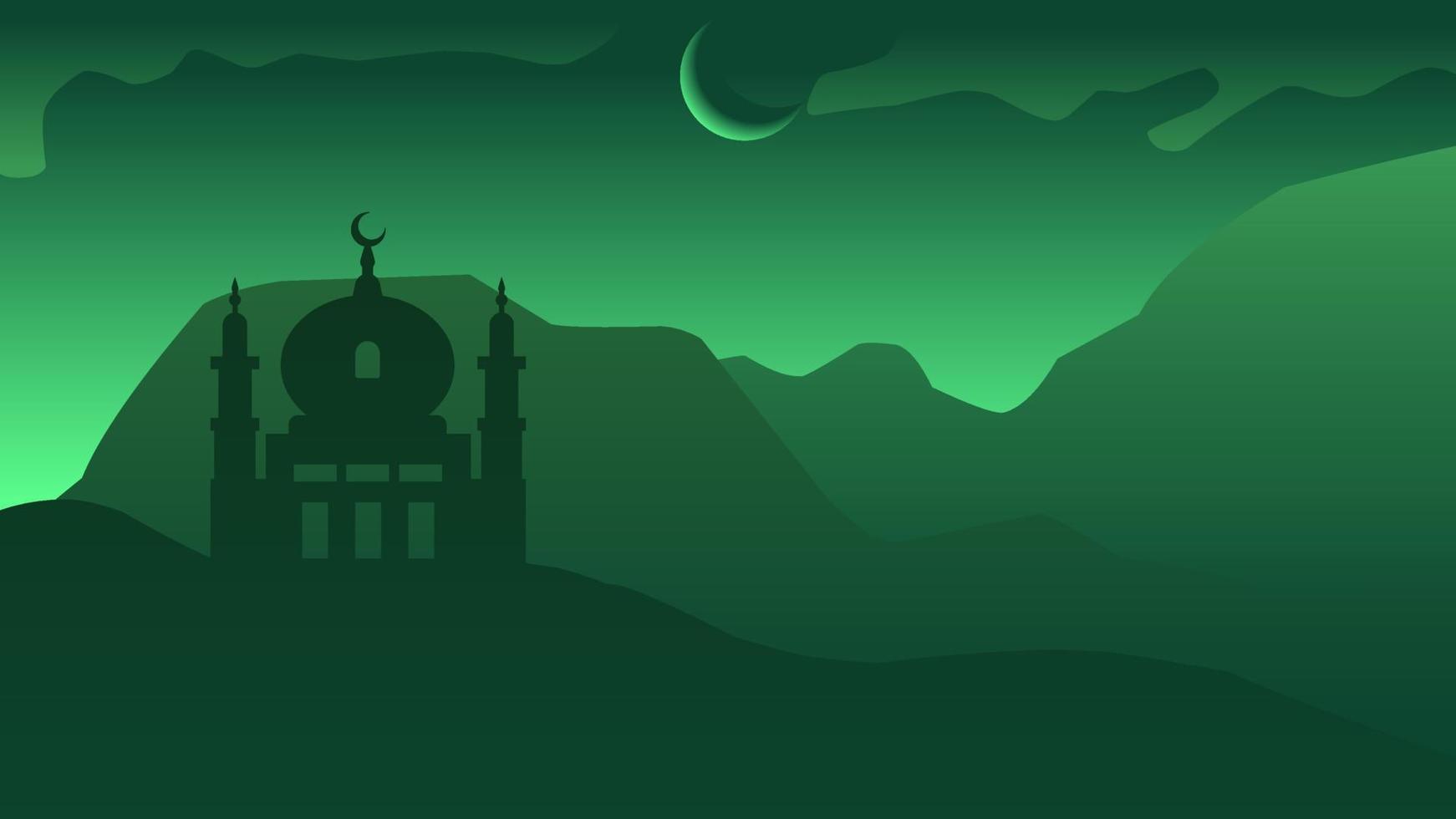 Silhouette landscape of mosque with shiny green sky for ramadan design graphic. Background illustration of Islamic mosque in the hill for ramadan celebration in muslim culture and islam religion vector