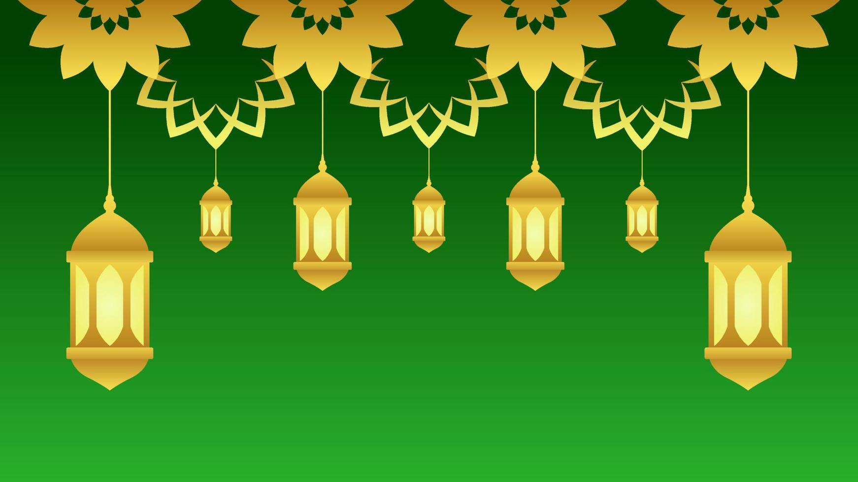 Ramadan background with lantern and star crescent for islamic design. Shiny green background element with golden ornament for desain graphic ramadan greeting in muslim culture and islam religion vector