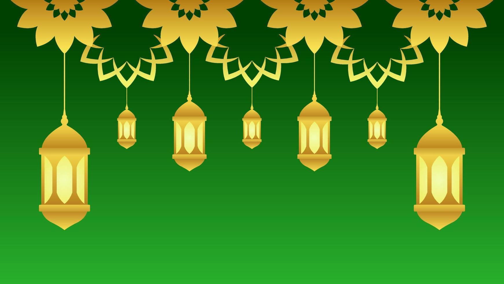 Ramadan background with lantern and star crescent for islamic design. Shiny green background element with golden ornament for desain graphic ramadan greeting in muslim culture and islam religion vector