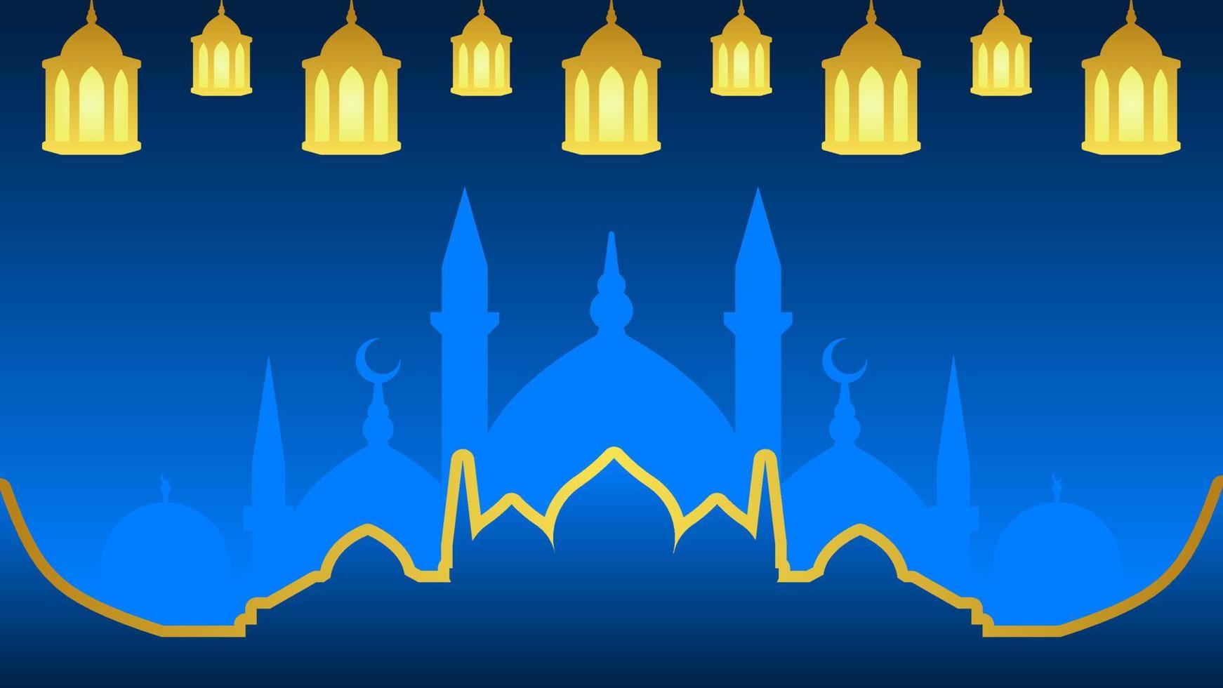 Ramadan background with lantern and star crescent for islamic design. Shiny blue background element with golden ornament for desain graphic ramadan greeting in muslim culture and islam religion vector