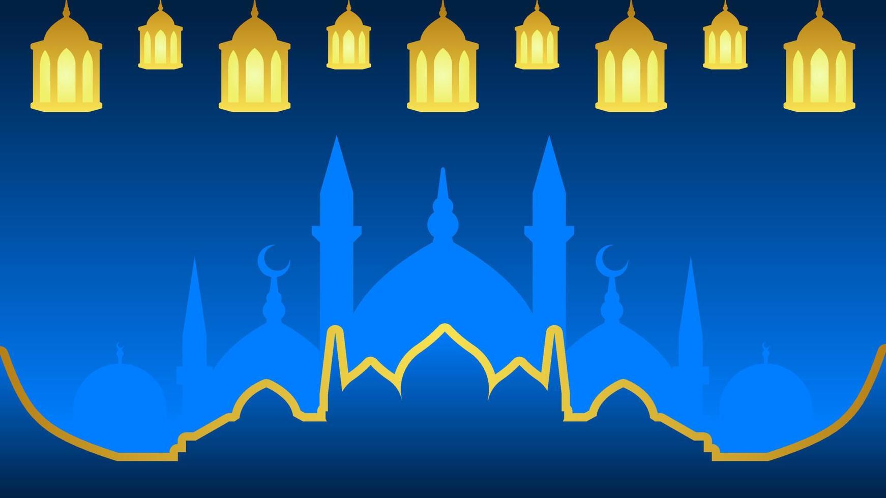 Ramadan background with lantern and star crescent for islamic design. Shiny blue background element with golden ornament for desain graphic ramadan greeting in muslim culture and islam religion vector