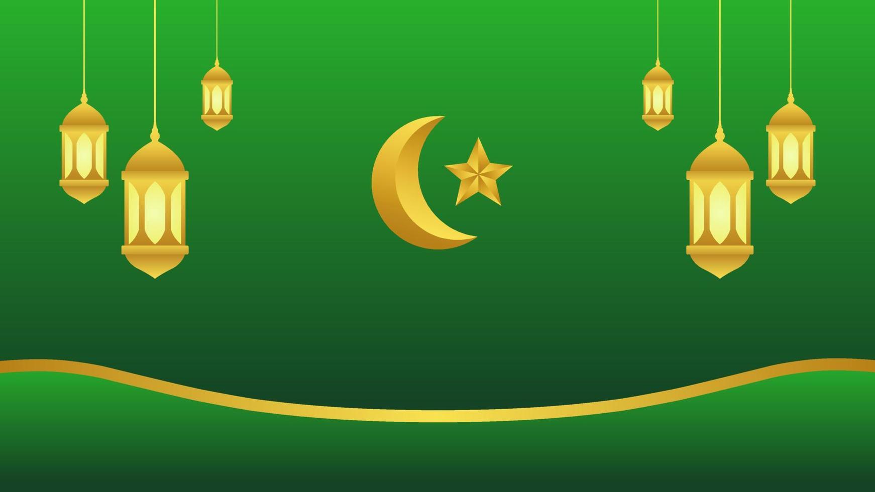 Ramadan background with lantern and star crescent for islamic design. Shiny green background element with golden ornament for desain graphic ramadan greeting in muslim culture and islam religion vector
