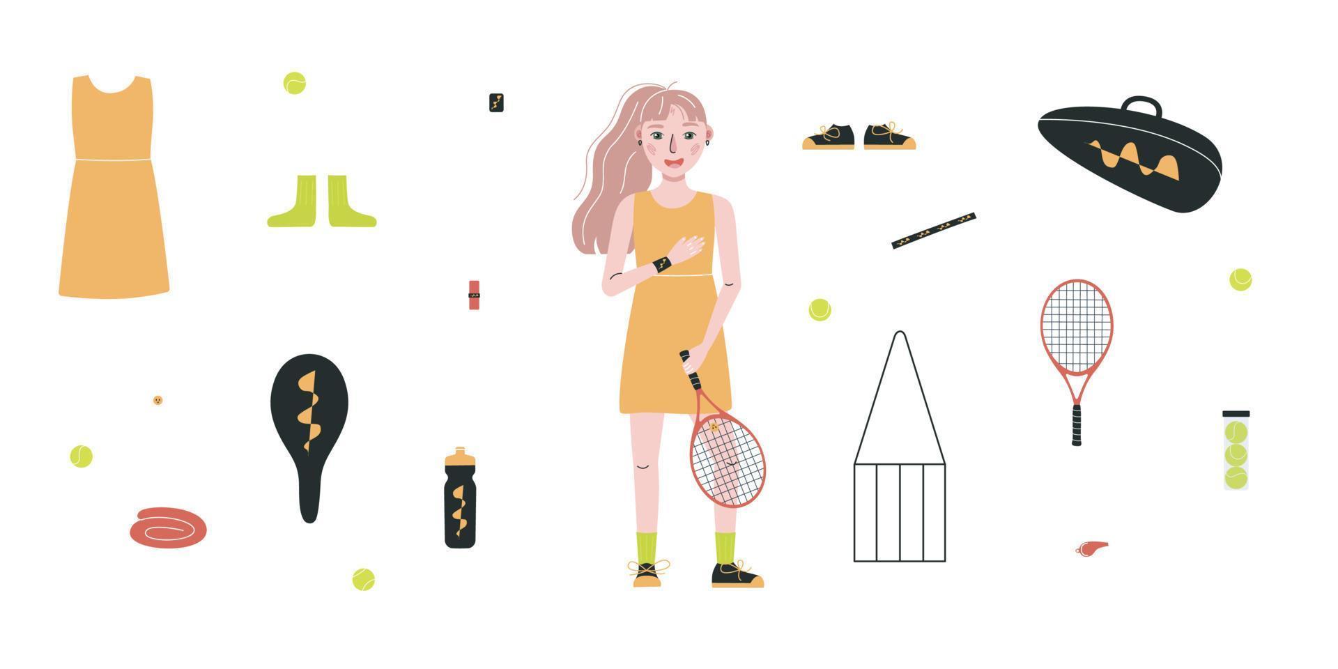 Flat vector illustration in childish style. Hand drawn tennis player, gear and equipment.