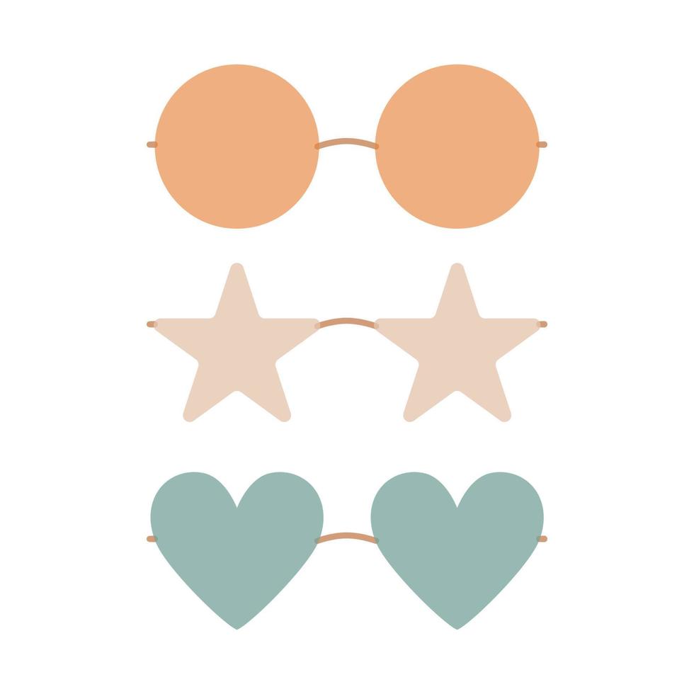 Flat vector hippy boho round, heart, star shaped sunglasses illustration. Hand drawn retro groovy elements.