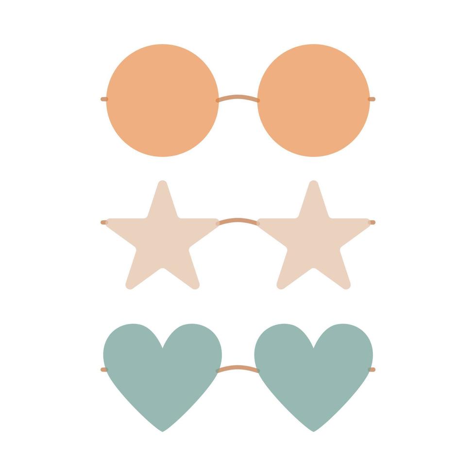 Flat vector hippy boho round, heart, star shaped sunglasses illustration. Hand drawn retro groovy elements.