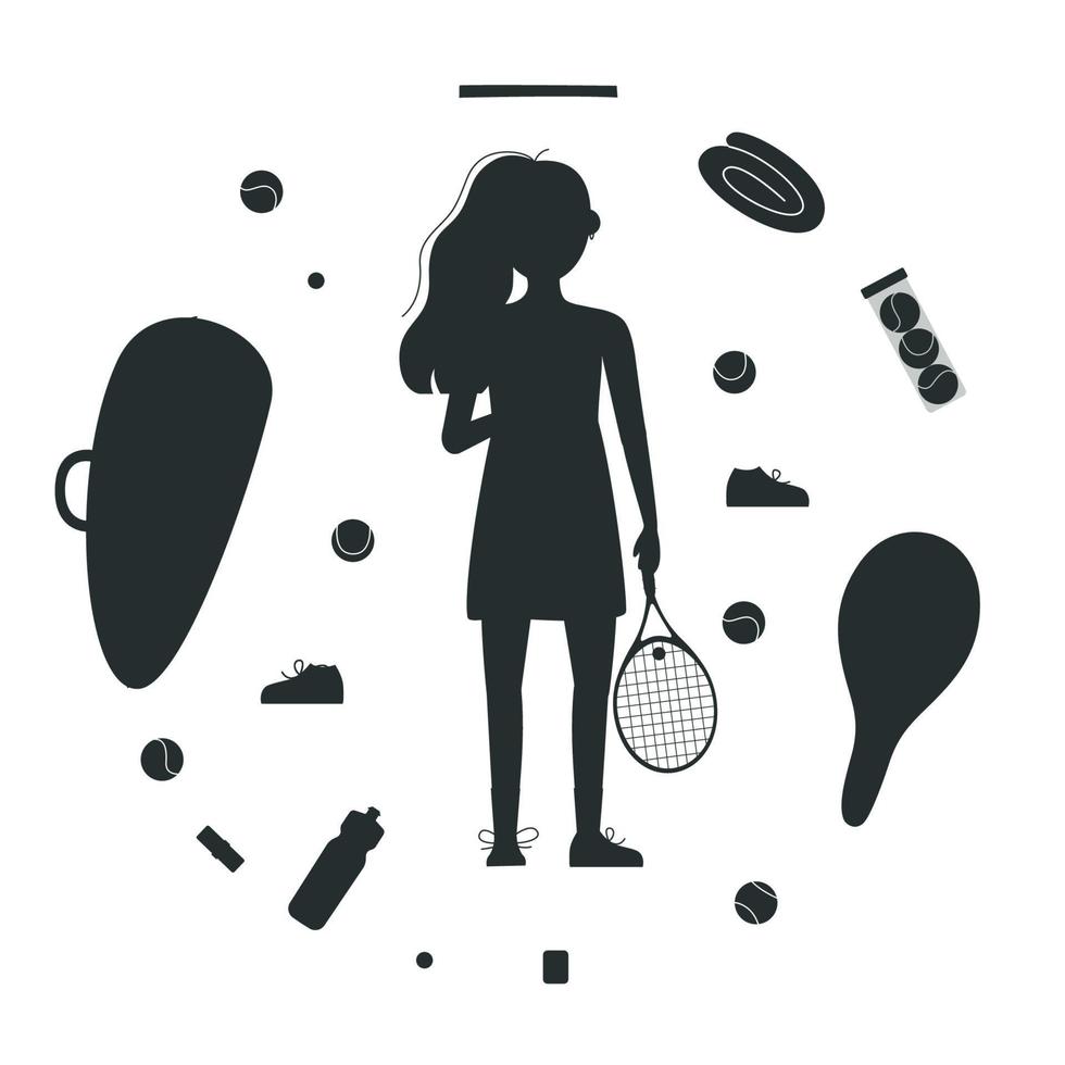 Flat vector silhouette illustration in childish style. Hand drawn tennis player, gear and equipment