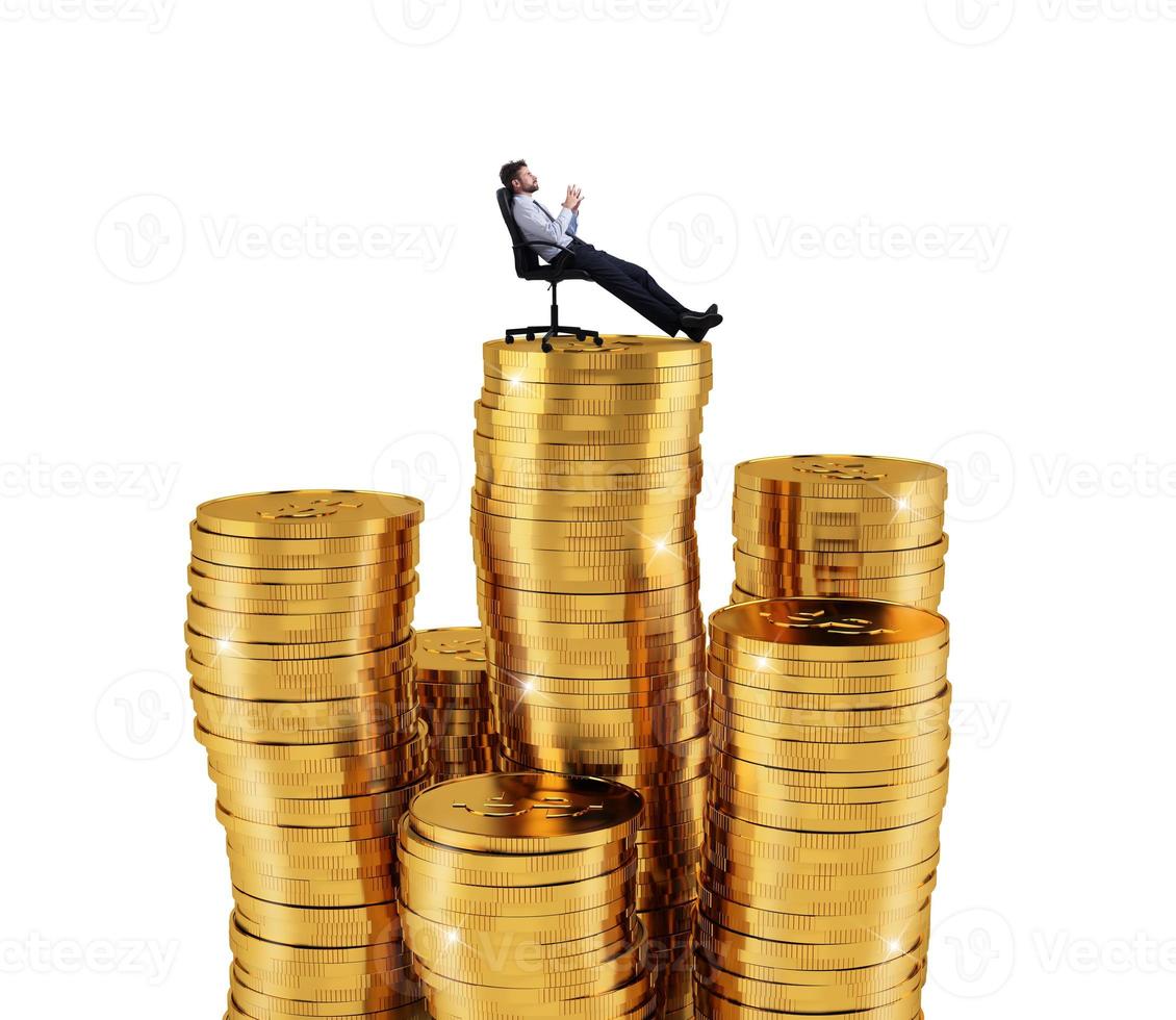 Successful businessman relaxing over piles of money. Concept of success and company growth photo