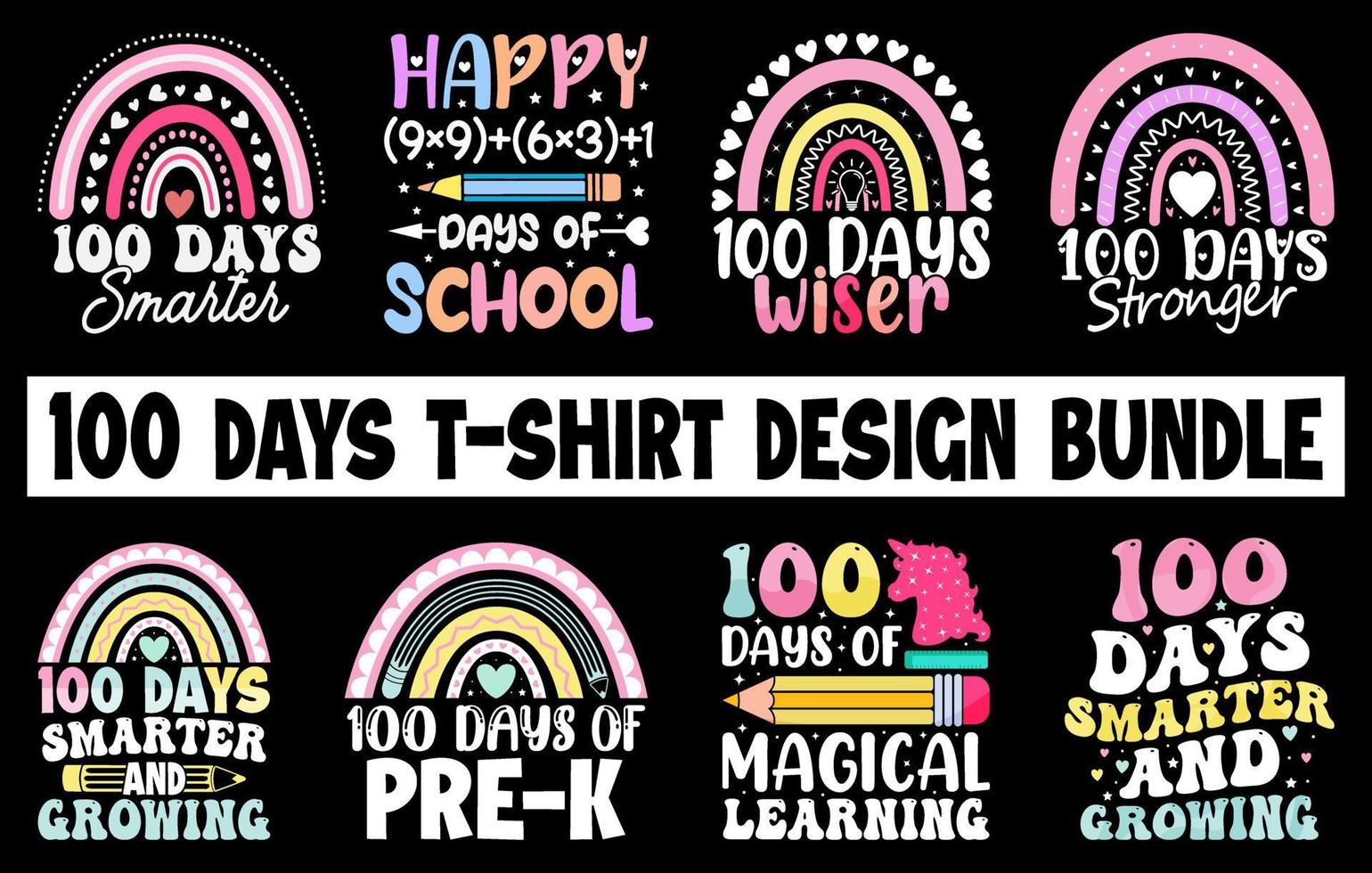 100th days of school t-shirt Bundle, hundred days t-shirt design set, Coloring t-shirt collection, Kids T-shirt design Set vector