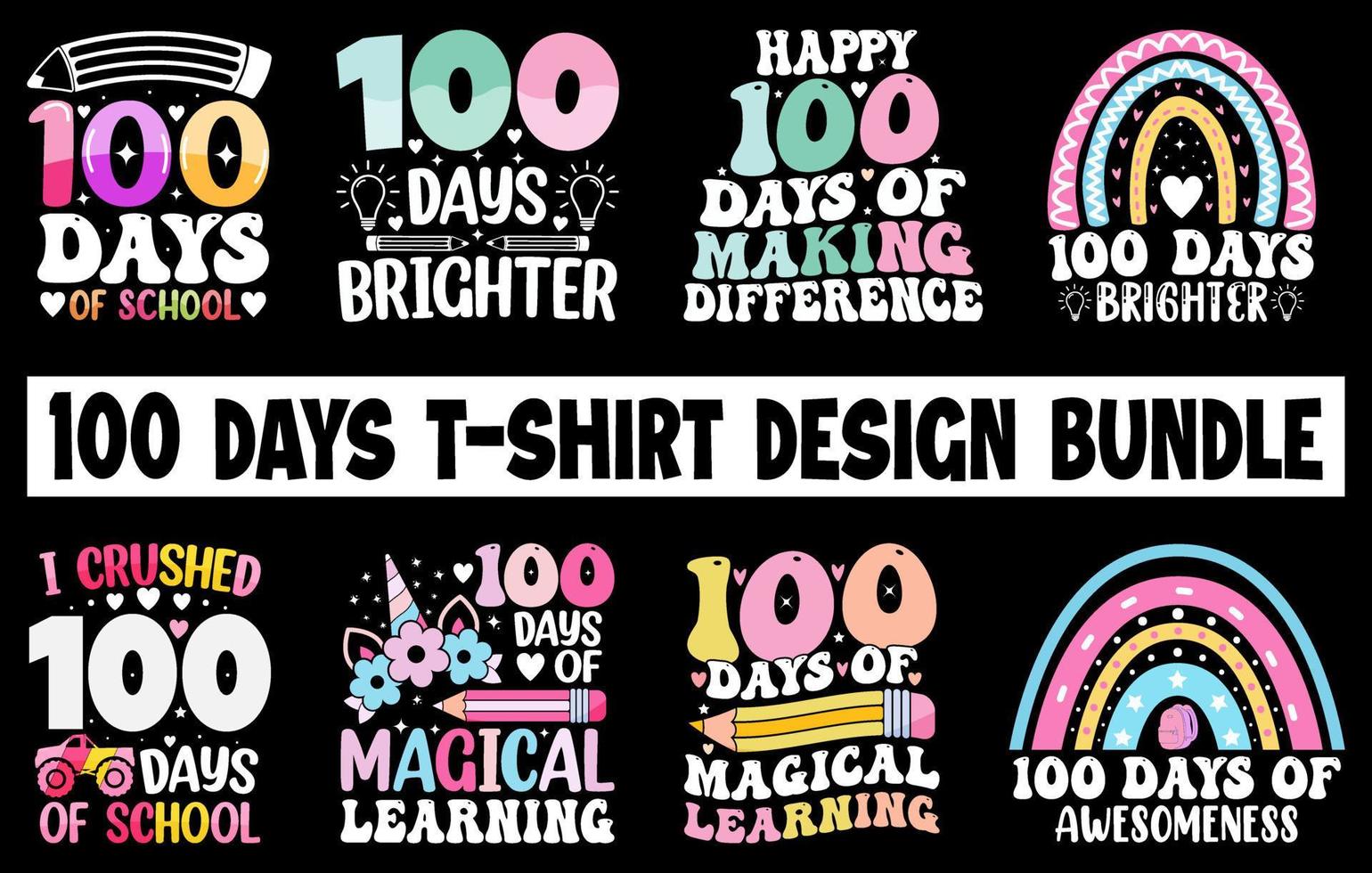 100th days of school t-shirt Bundle, hundred days t-shirt design set, Coloring t-shirt collection, Kids T-shirt design Set vector