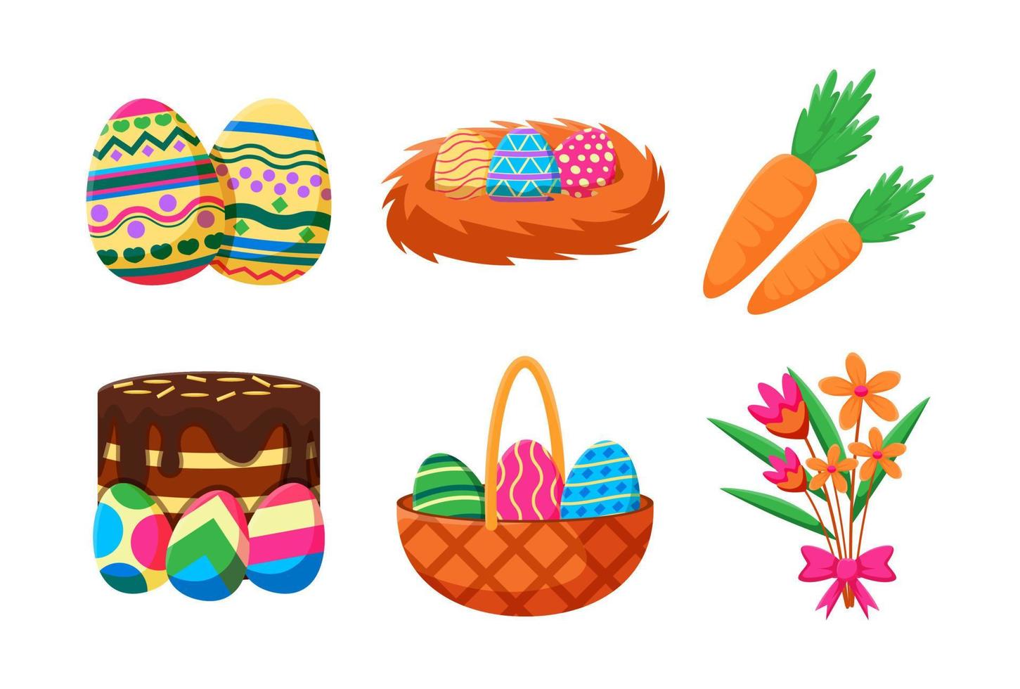 contento Pascua de Resurrección diseño elemento con huevos, zanahoria, pastel, cesta de huevos y flores festival y cultural fiesta concepto. vector