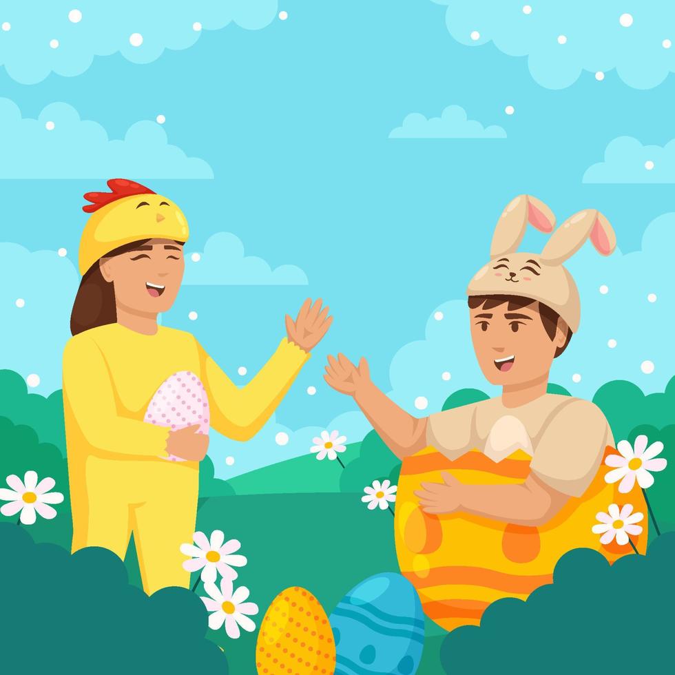 contento Pascua de Resurrección saludo tarjeta. linda niños son vistiendo Pascua de Resurrección disfraces vector