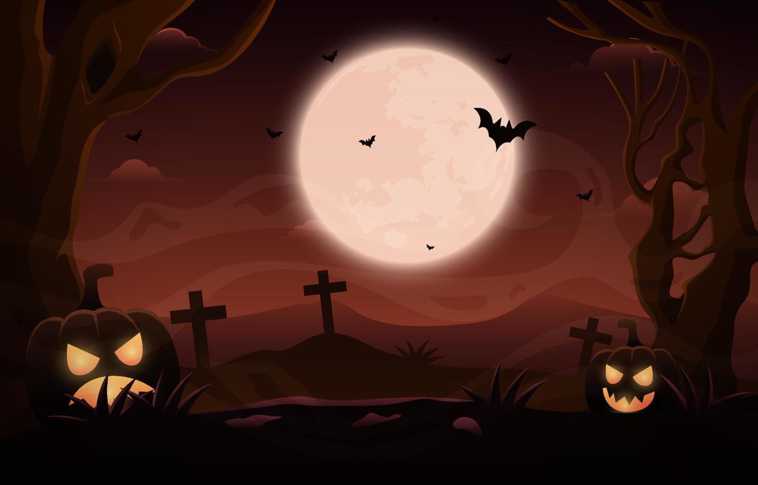 Víspera de Todos los Santos antecedentes diseño vector con oscuro noche paisaje de cementerio y brillante calabaza linterna debajo el luz de la luna.