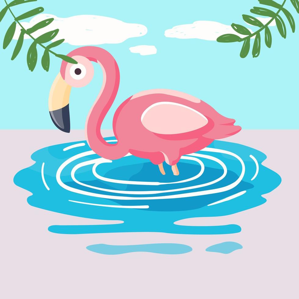 Pink flamingo in the pool. Vector illustration in cartoon style.