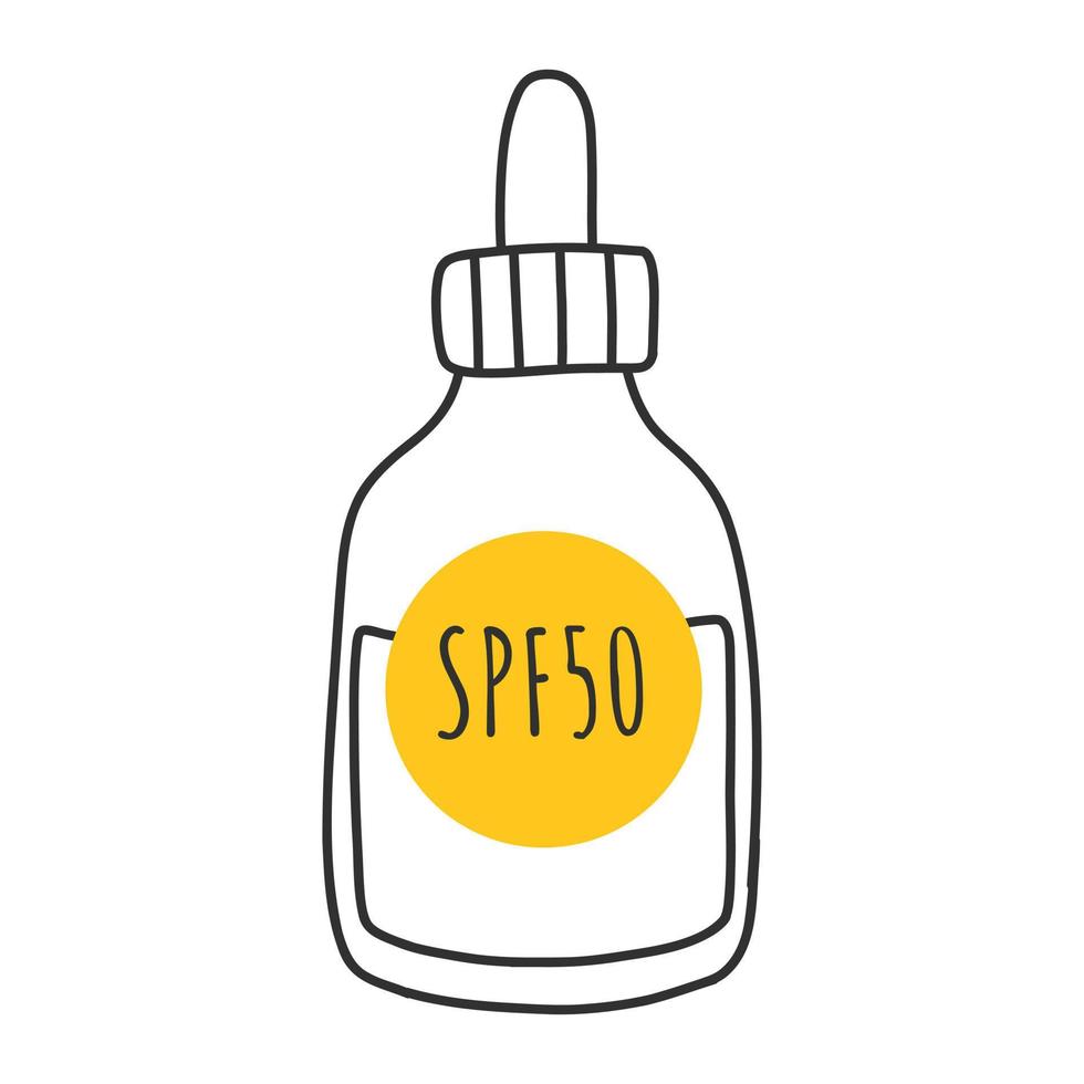 Sunscreen, lotion with SPF. Sunscreen protection and sun safety. Sunscreen, lotion with SPF. Sun protection and sun protection. Sunscreen lotion isolated. hand drawn vector illustration.Doodle style.