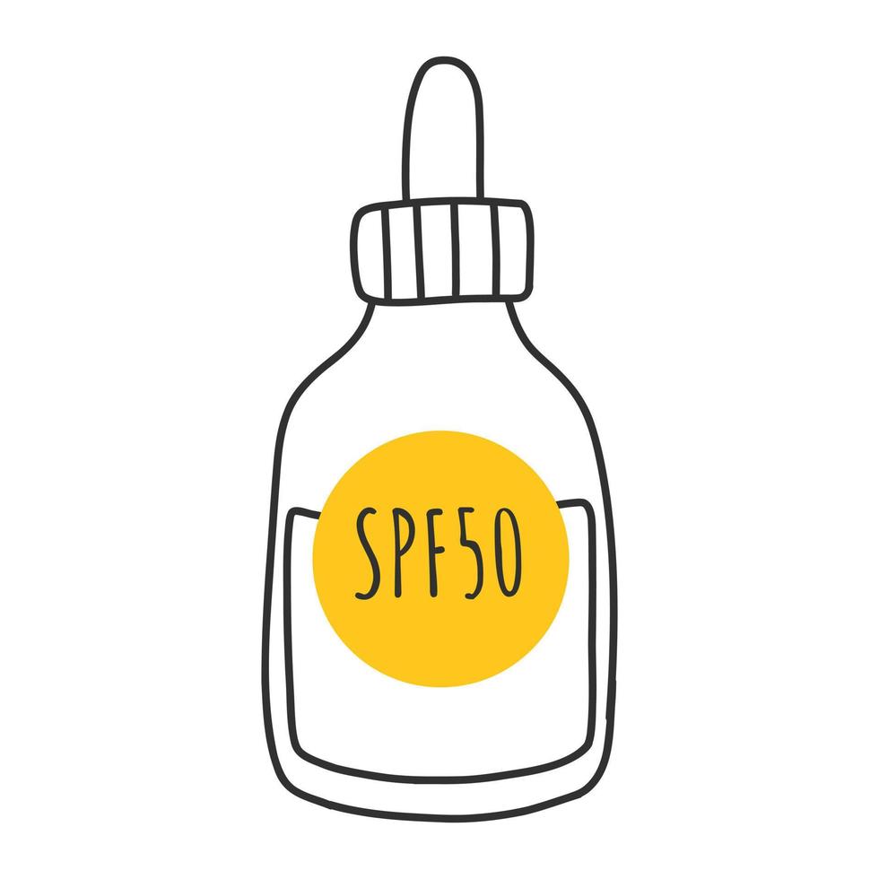 Sunscreen, lotion with SPF. Sunscreen protection and sun safety. Sunscreen, lotion with SPF. Sun protection and sun protection. Sunscreen lotion isolated. hand drawn vector illustration.Doodle style.