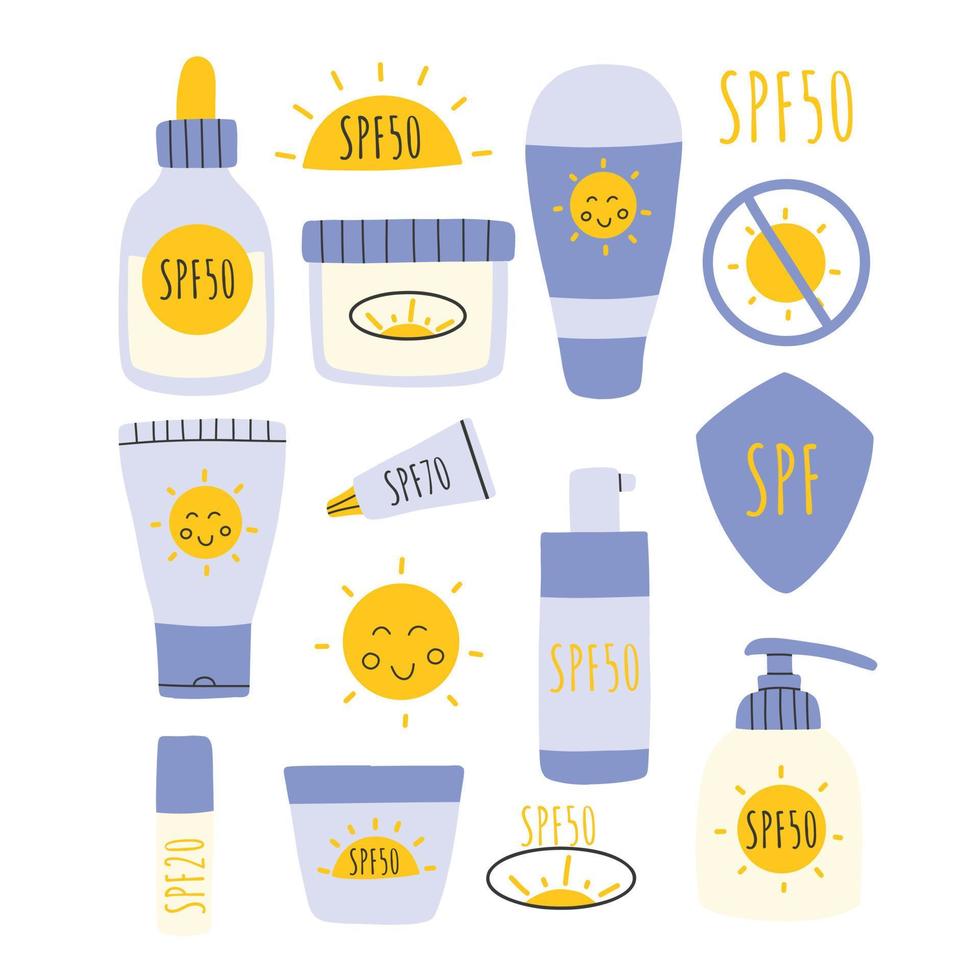 Set of Sunscreens, lotions with SPF. Sunscreen protection and sun safety. Sunscreen, lotion with SPF. Sunscreen lotion isolated. hand drawn vector illustration. Flat style.