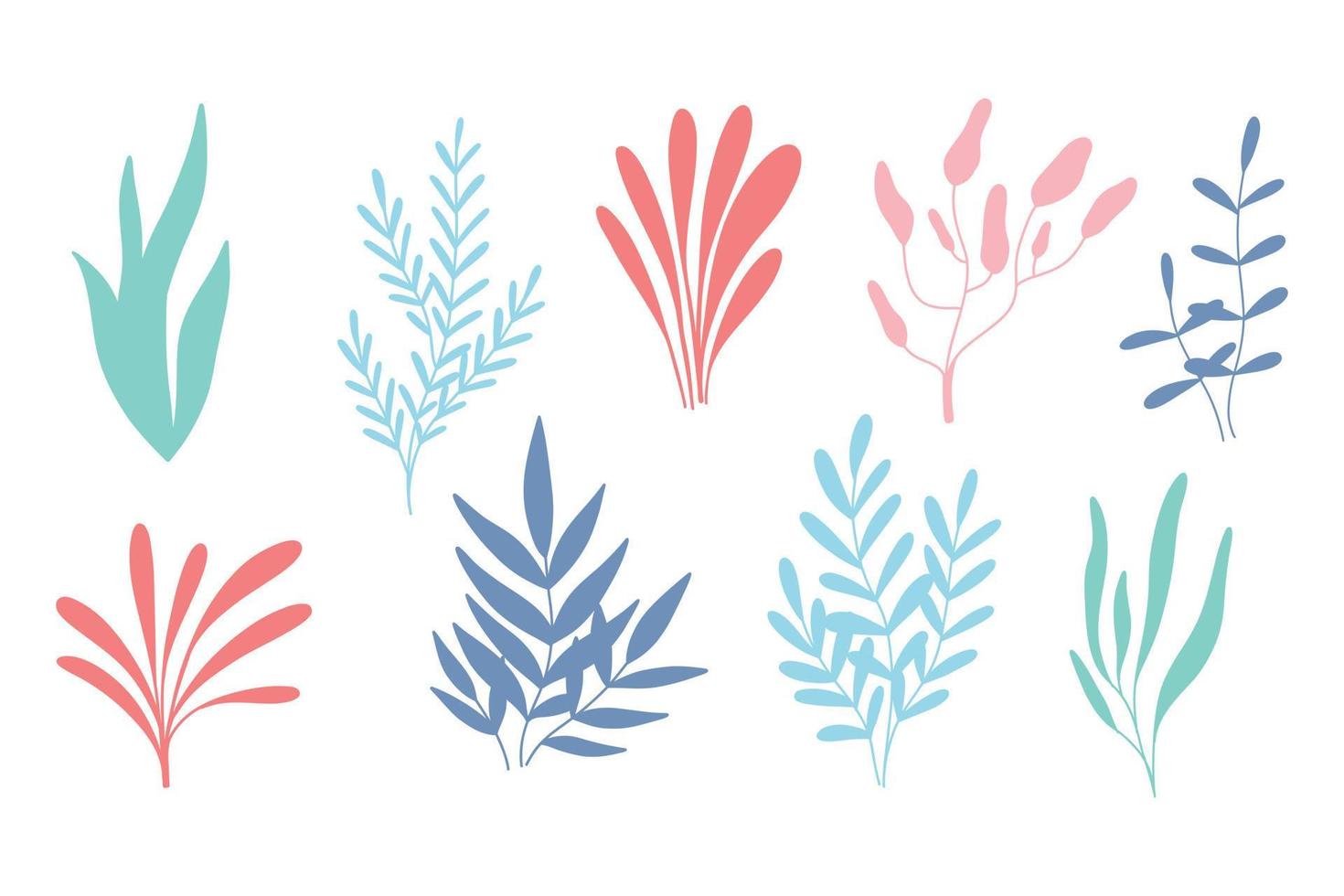 Algae set in silhouette style. Collection of colored underwater plants. Flat style. vector illustration.