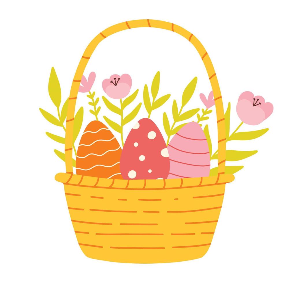 Easter eggs in a basket with flowers. Vector illustration. Basket with flowers, eggs. Flat style.