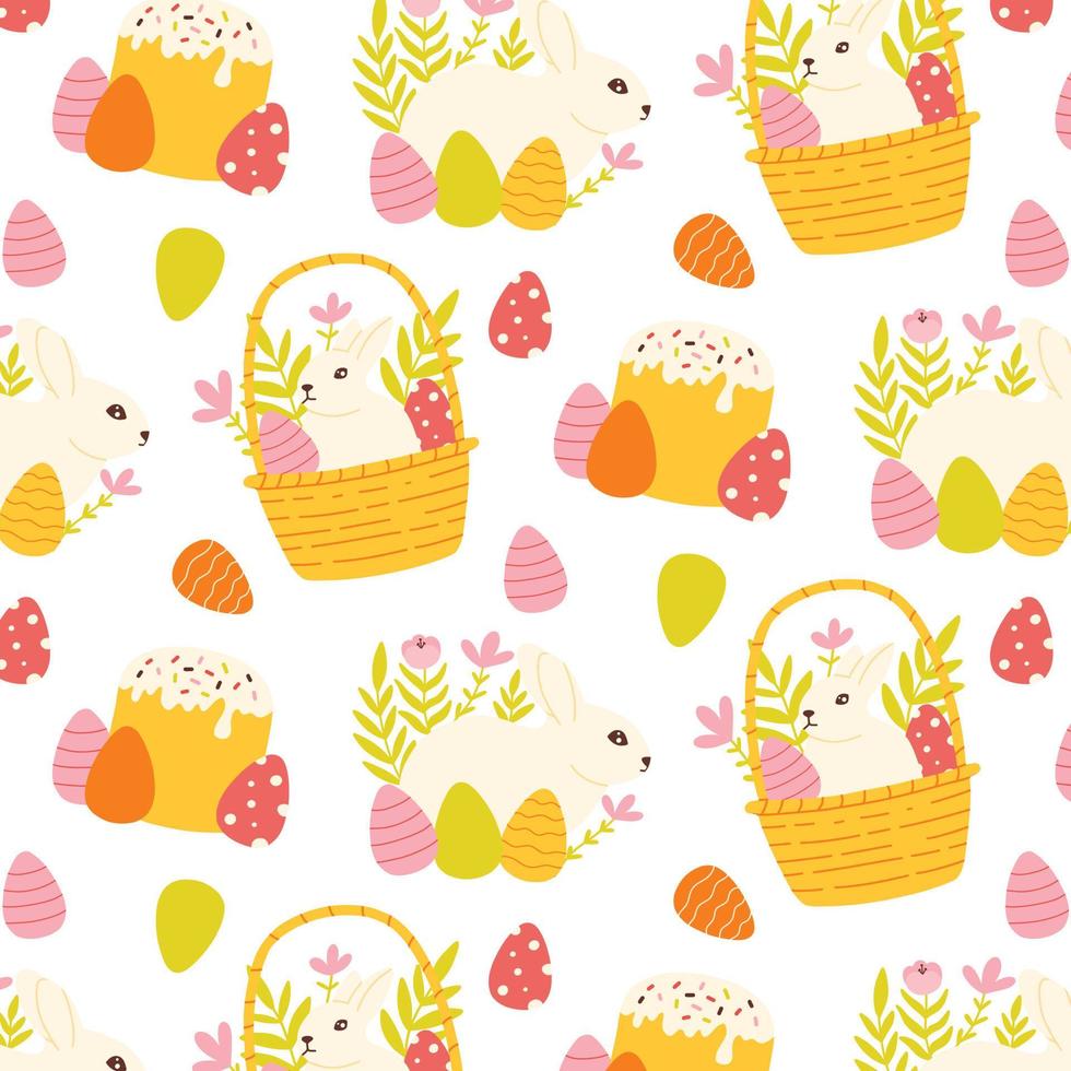 Seamless Easter pattern with bunnies, eggs, Easter cake. Vector illustration. Flat style.