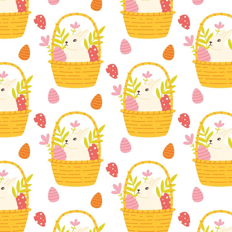 Seamless Easter pattern with bunnies, eggs, Easter cake. Vector illustration. Flat style.