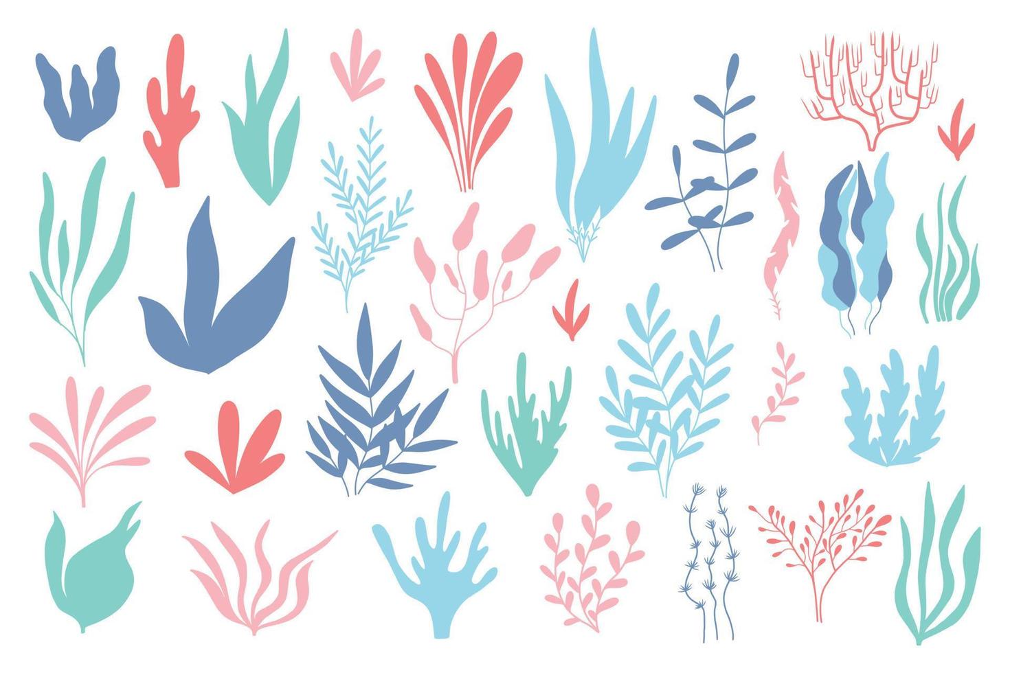 Algae set in silhouette style. Collection of colored underwater plants. Flat style. vector illustration.