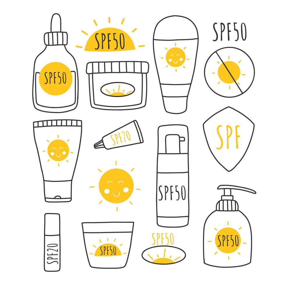 Set of Sunscreens, lotions with SPF. Sunscreen protection and sun safety. Sunscreen, lotion with SPF. Sunscreen lotion isolated. hand drawn vector illustration. Doodle style.