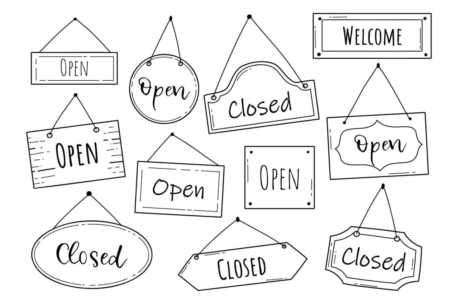 Hand drawn set of open and closed door sign. Doodle sketch style. Shop door or window open label. Vector illustration.