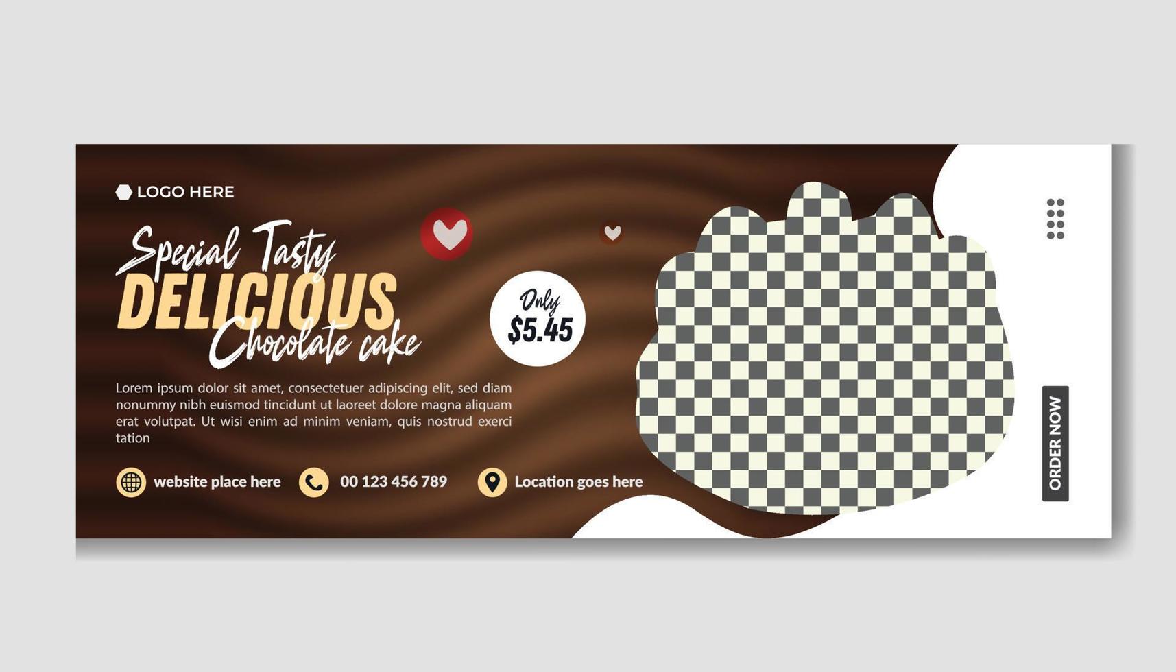 Delicious chocolate cake timeline cover or web banner o social media timeline cover design template vector