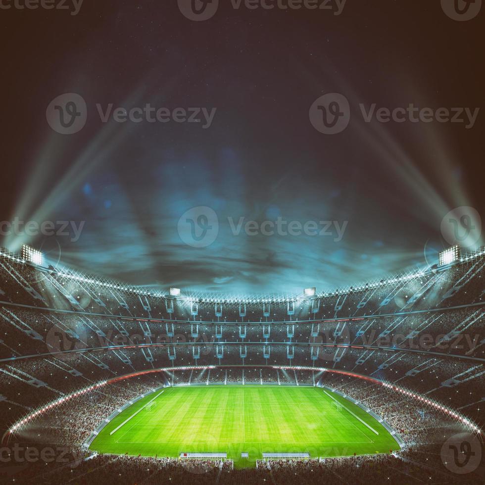 Football stadium with the stands full of fans waiting for the night game. Top view. 3D Rendering photo