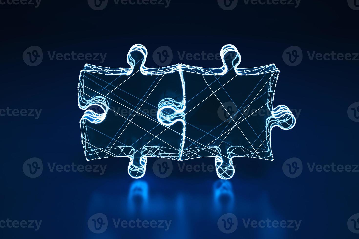 Illuminated wireframe of two connected puzzle pieces on dark blue background. 3D Rendering photo