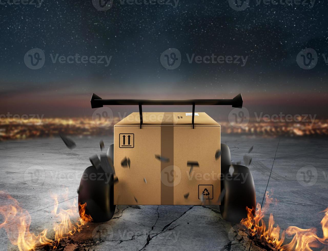 Priority Cardboard box with racing wheels that run in the city like a car. Fast shipping by road. photo