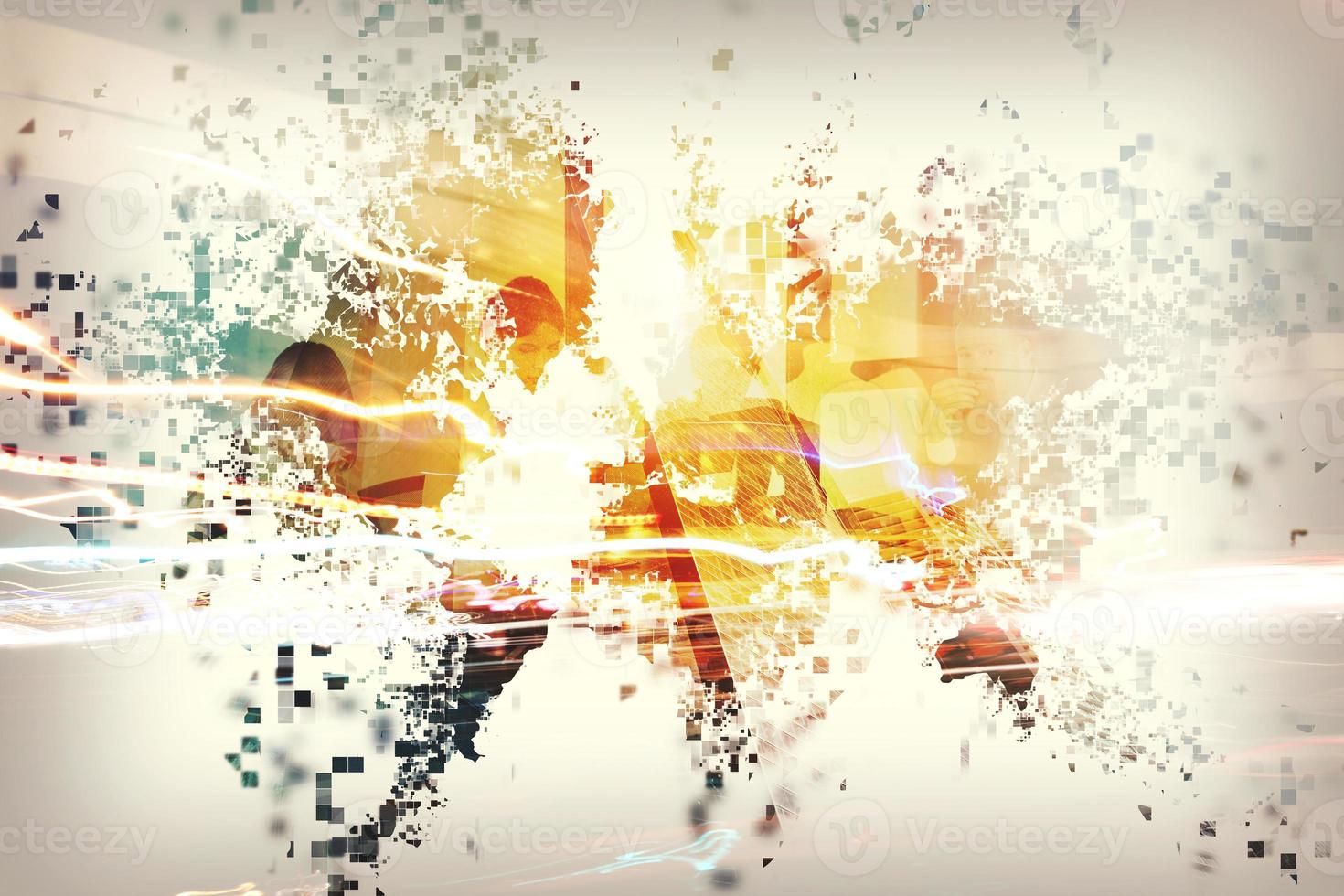 Abstract world with businessperson. Concept of global internet. Double exposure photo