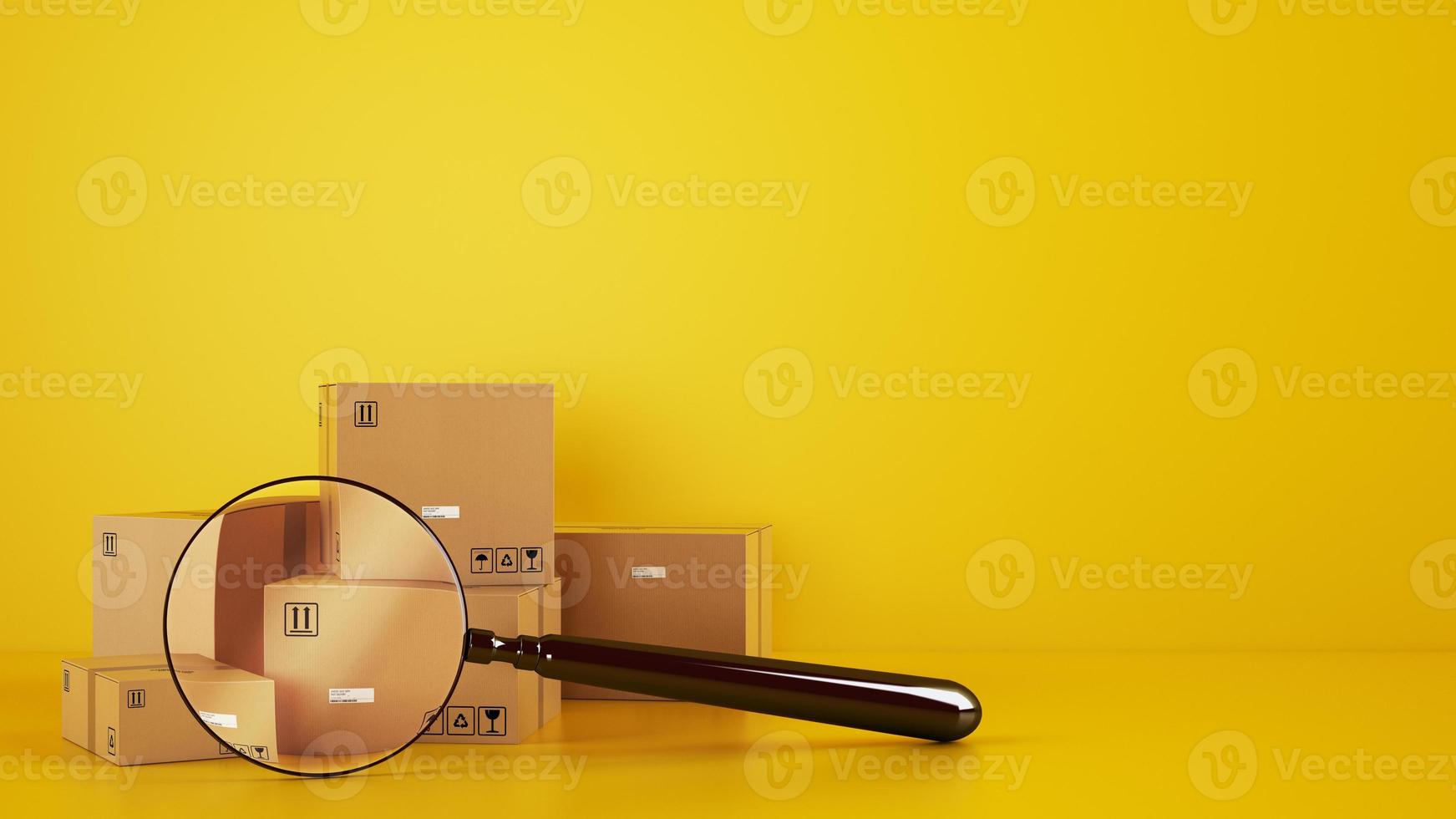 Pile of cardboard boxes on the floor on a yellow background with a magnifying glass photo