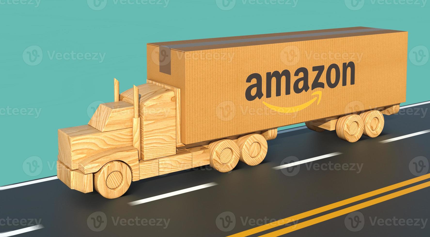 Wooden toy truck, carrying a large cardboard box with Amazon logo, moves fast on the road. photo