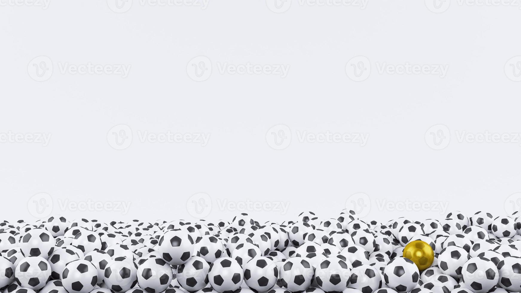 3d render of a pile of white soccer balls with one only golden ball on white background photo