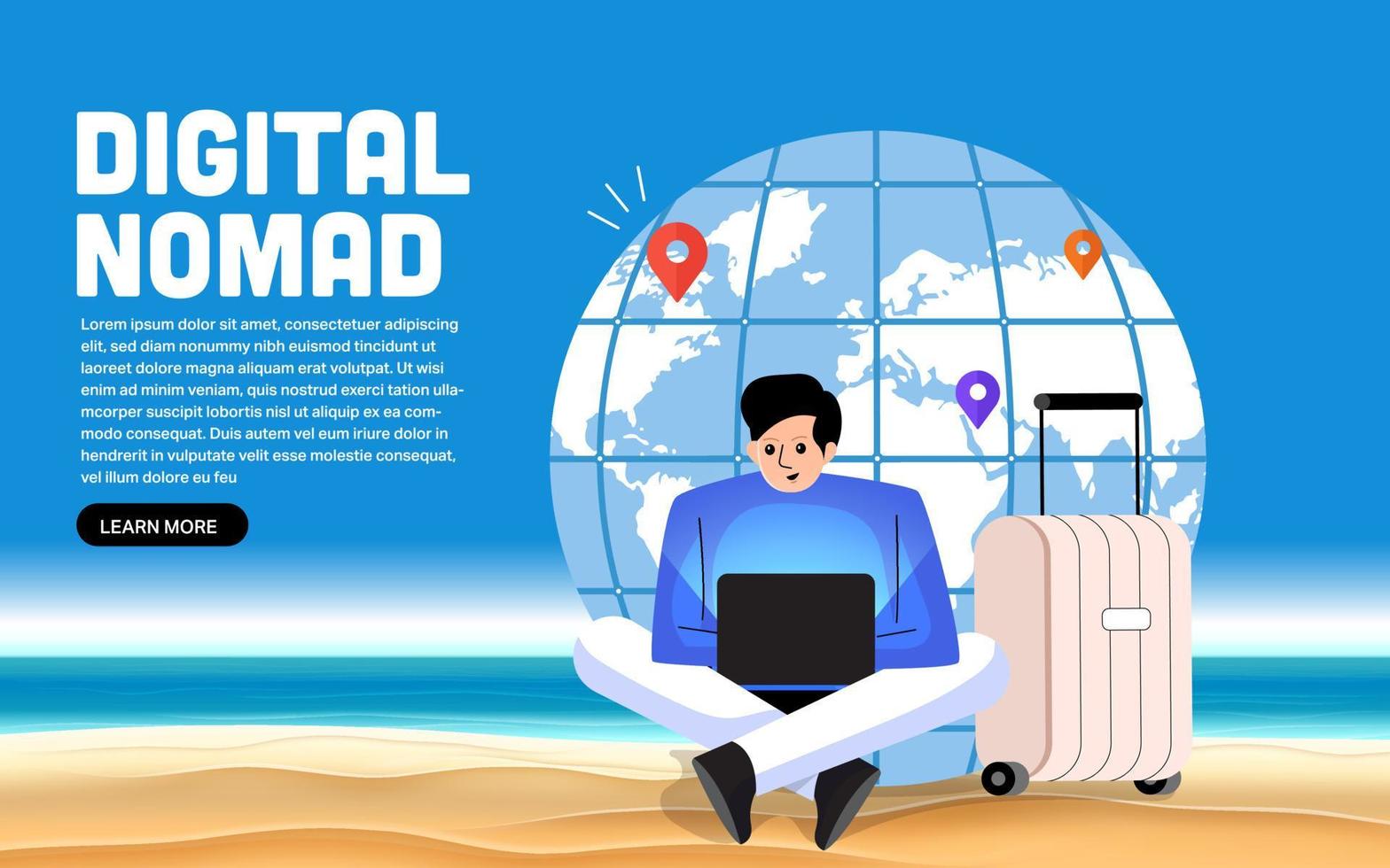 Digital nomad. Vector illustration.Freelance work, Cartoon vector illustration in flat design. Travel and work, remote job, freelancers lifestyle, working abroad with laptop.
