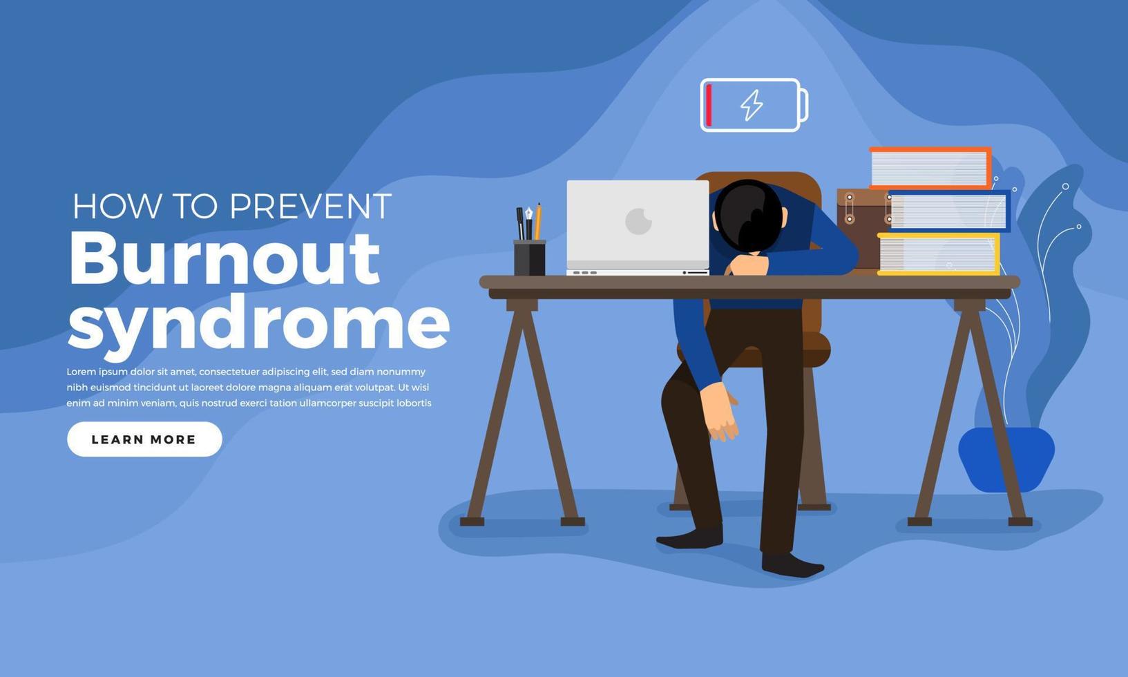 Burnout. Professional burnout syndrome. Tired man manager with full and low energy battery working on computer in workplace.Emotional burnout. A tired worker is sitting at the table. vector