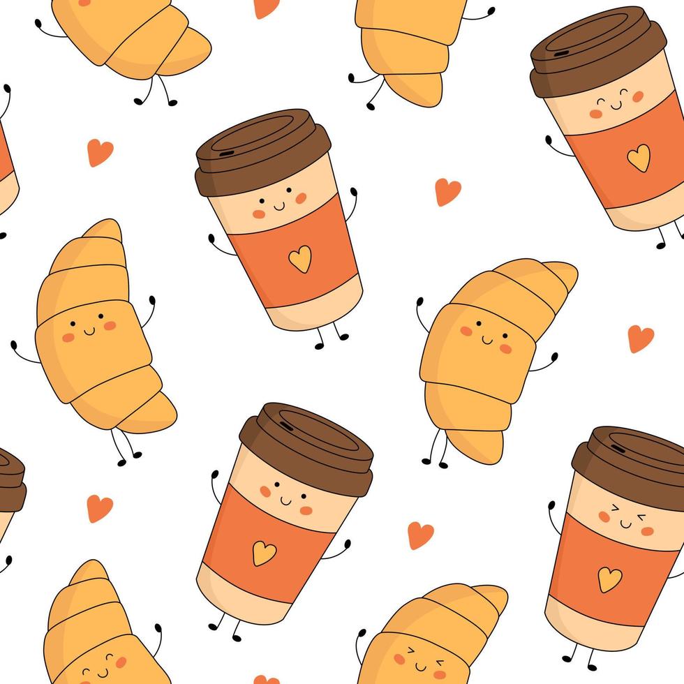 Seamless pattern with cute croissant and paper coffee cup characters with smiling face, hands and legs. Funny, happy cartoon mascot. Vector flat illustration