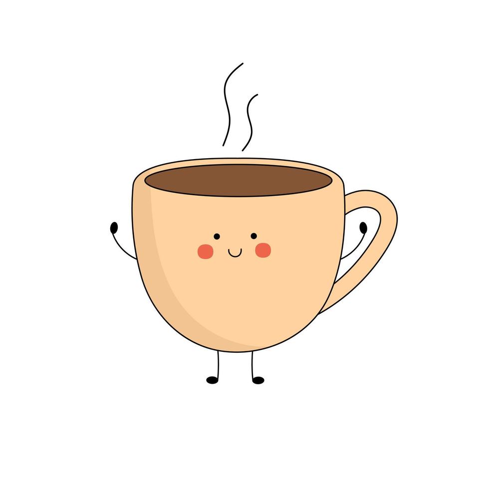 Cute coffee mug character with smiling face, hands and legs. Funny, happy cartoon mascot. Vector flat illustration