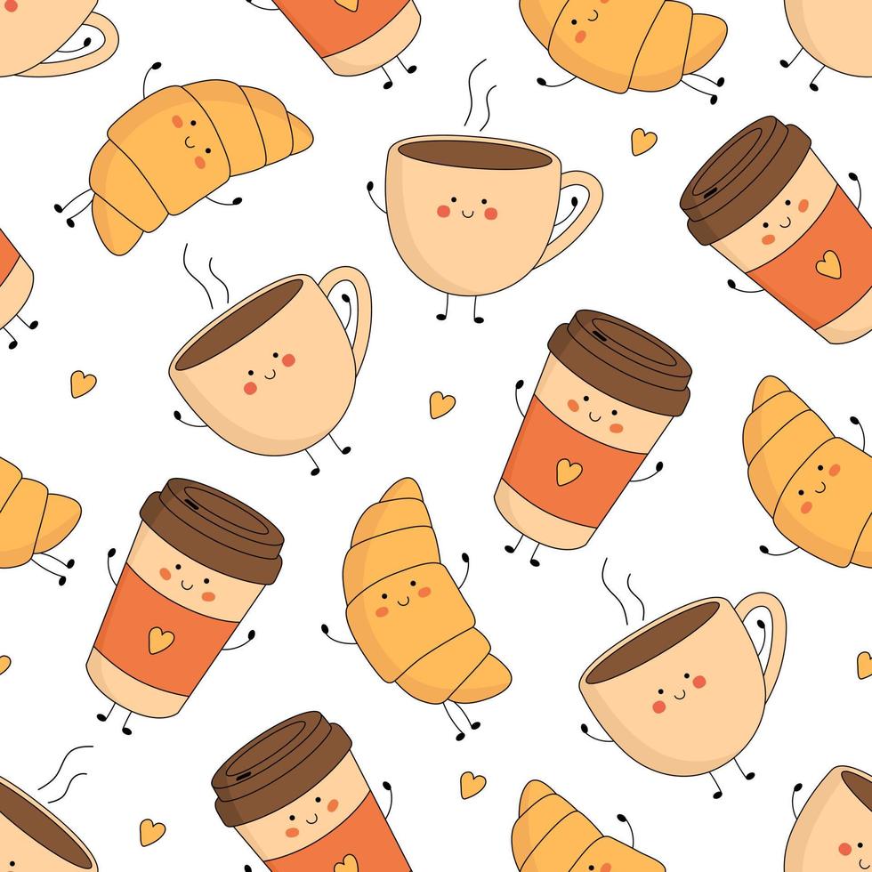 Seamless pattern with cute croissant, coffee mug and paper coffee cup characters with smiling face, hands and legs. Funny, happy cartoon mascot. Vector flat illustration