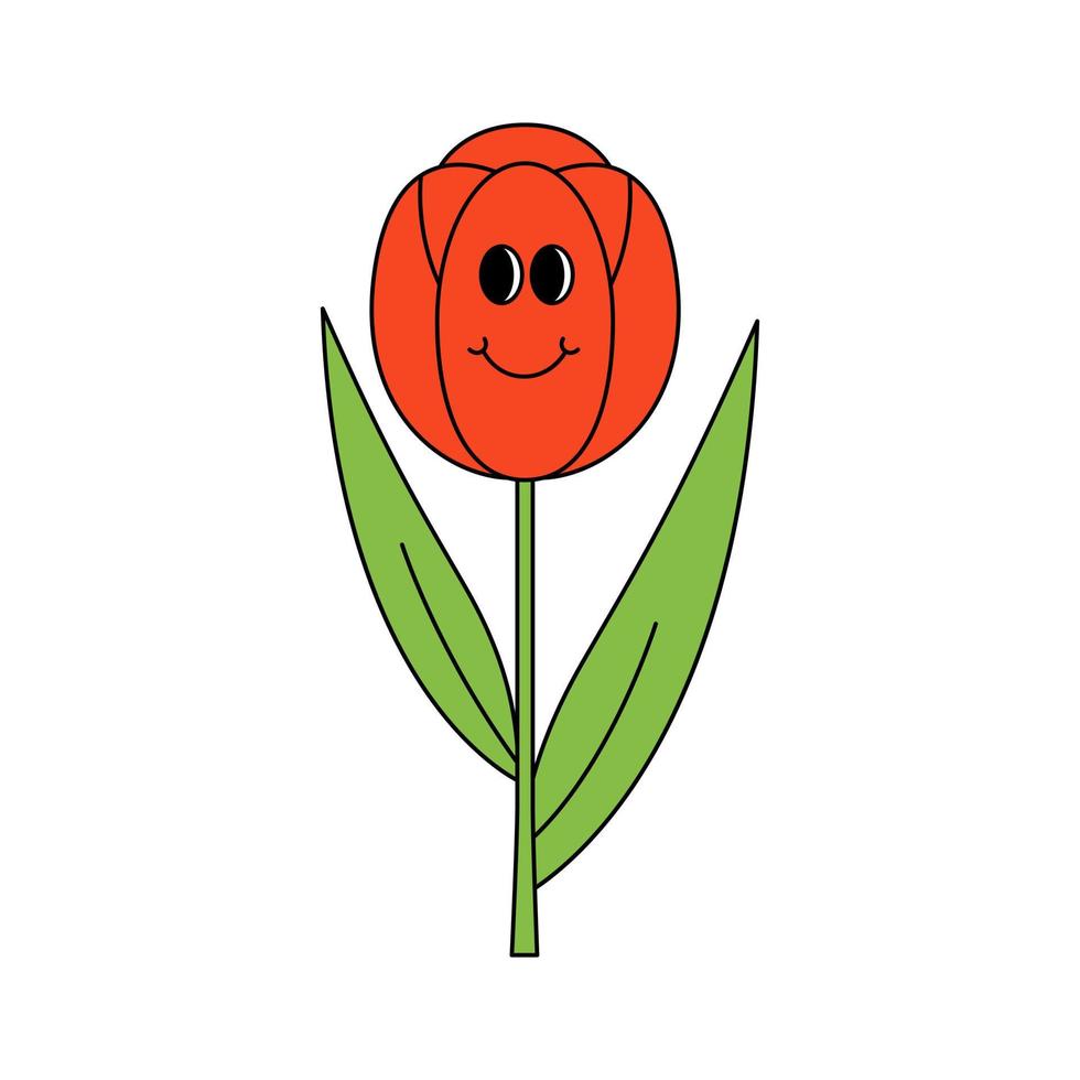 Retro 70s groovy smiling tulip character. Spring, summer flower. Cartoon hippie isolated vector illustration