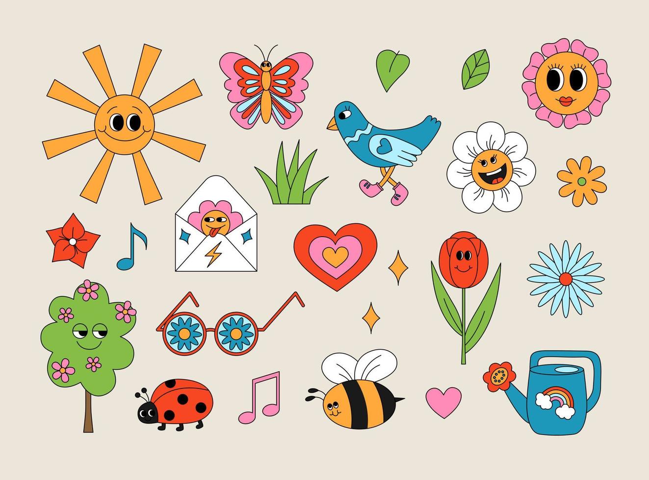 Retro 70s groovy spring and summer elements set. Funky hippie stickers with cartoon flowers, leaves, tree, grass, bird, insects, heart, sun, sunglasses, watering can etc. Isolated vector illustration