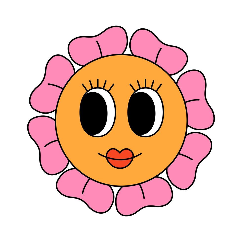 Retro 70s groovy smiling flower character with big eyes. Spring, summer flower. Cartoon hippie isolated vector illustration