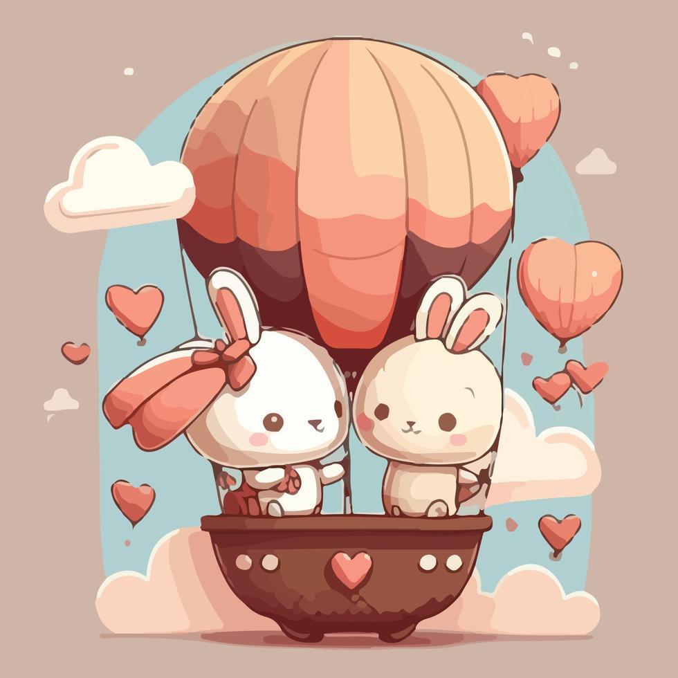 cute kawaii bunny couple riding air balloon celebrate valentine's day with love vector