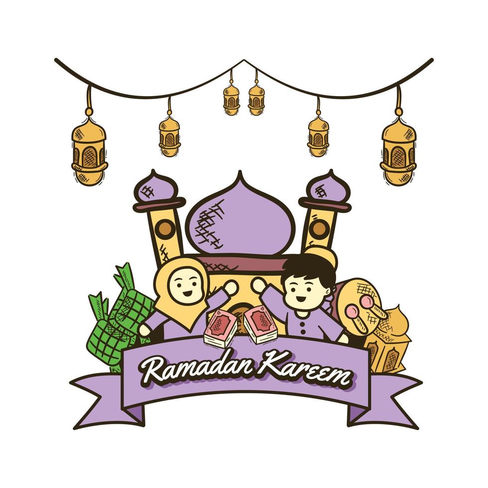 cute ramadan kareem background with mosque, muslim kids lantern etc vector