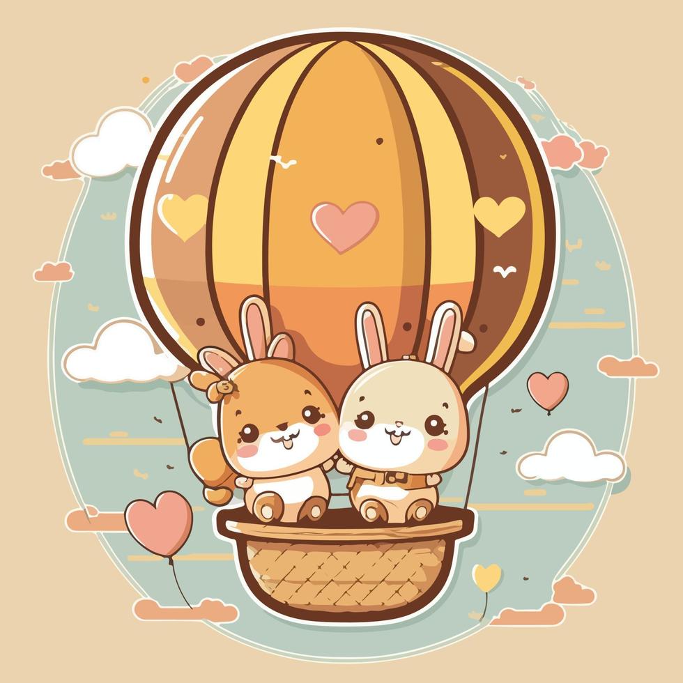 cute kawaii rabit couple riding air balloon celebrate valentine's day with love vector